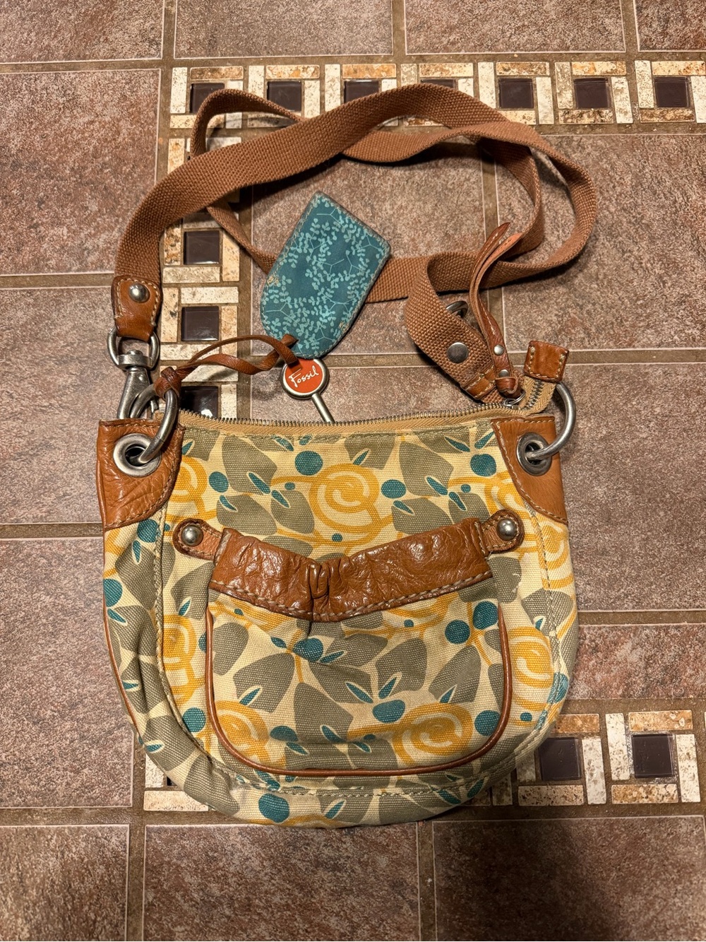 Fossil - Tan & Teal Floral Canvas Shoulder Bag